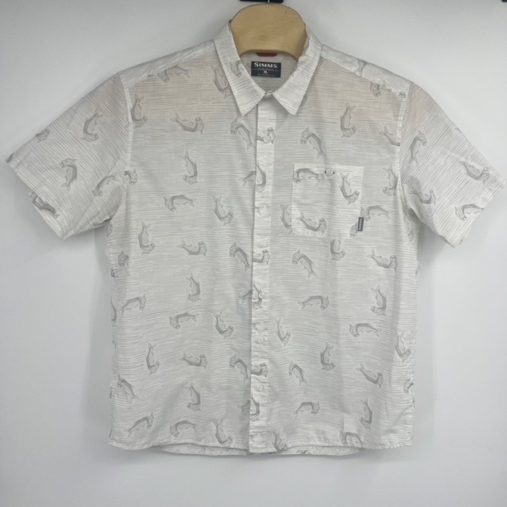 Simms Shirt Men's XL White Short‎ Sleeve Button Up Shirt Fishing Tarpon AOP